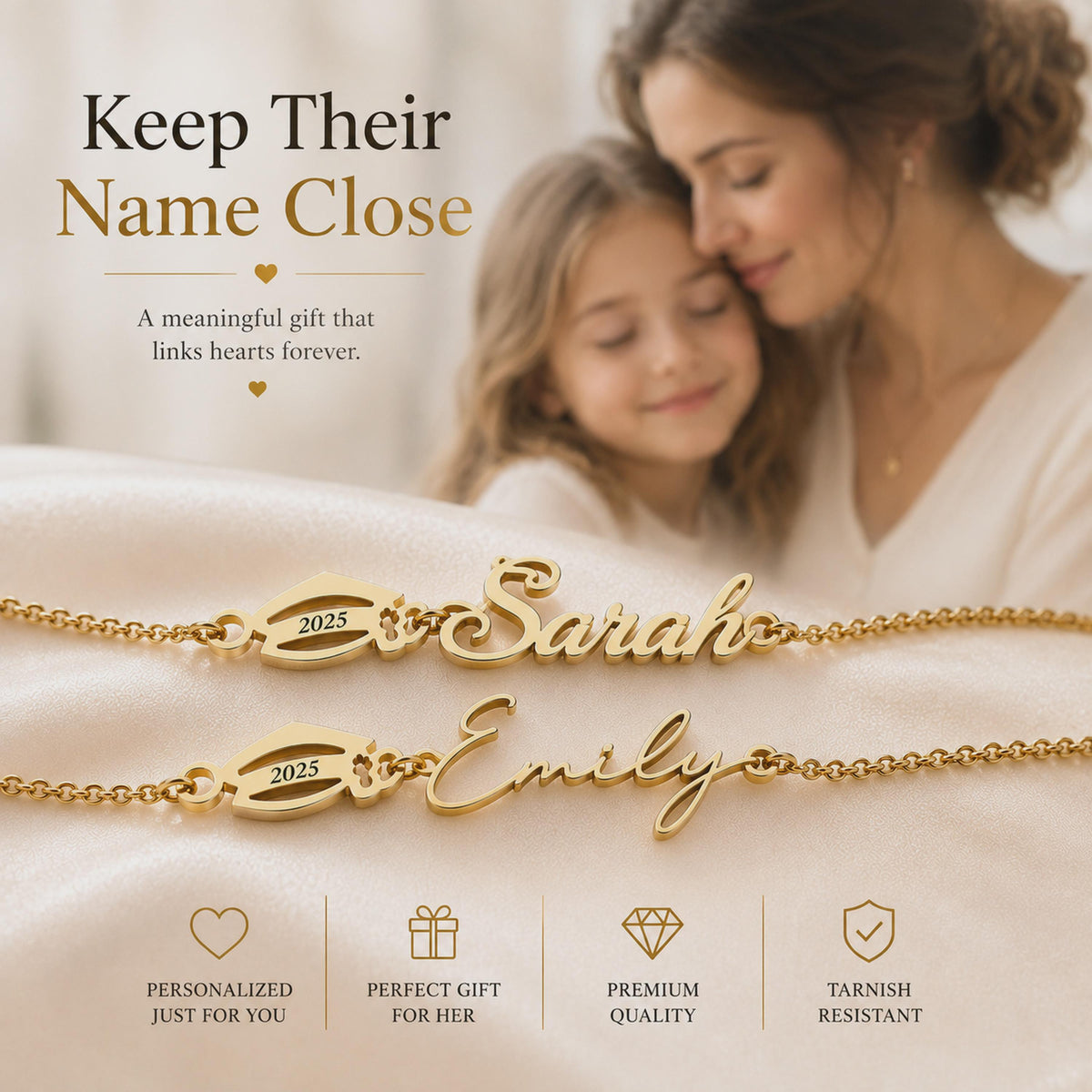 Gold tone personalized name bracelets reading Sarah and Emily with a year plate