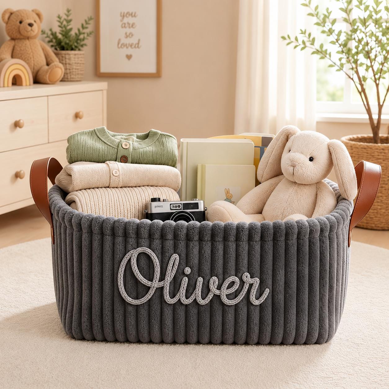 Personalized Embroidery Baby Storage Basket with Name, Custom Nursery Basket, Baby Shower Gift, Newborn Gift Basket with Icon