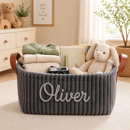 Personalized Corduroy Baby Storage Basket with Name – available color and yarn options