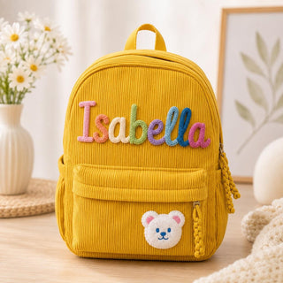 Personalized Corduroy Kids Backpack with Name – styled lifestyle photo