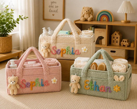 Personalized Baby Storage Basket, Custom Name Diaper Caddy, Plush Nursery Organizer with Bear, Newborn Gift Basket for Baby Boy or Girl