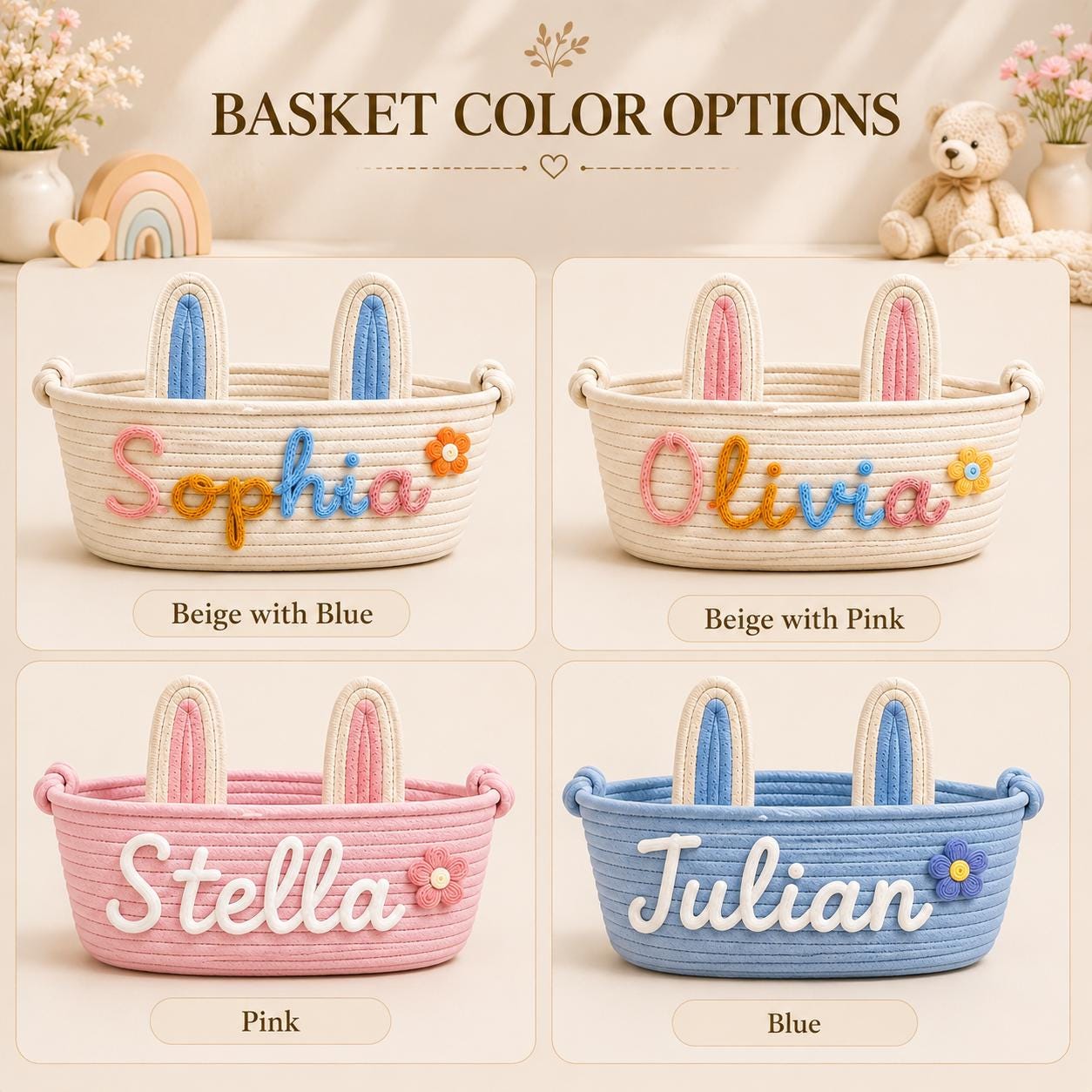 Personalized Bunny Ear Cotton Rope Basket, Custom Name Easter Basket, Nursery Storage Keepsake, Baby's First Easter Decor, Handmade Gift
