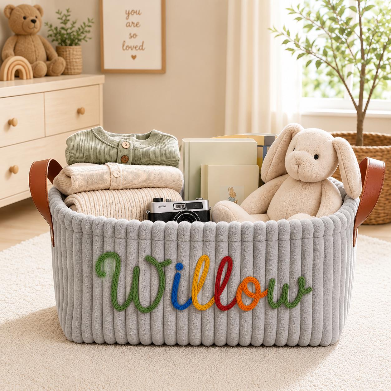 Personalized Embroidery Baby Storage Basket with Name, Custom Nursery Basket, Baby Shower Gift, Newborn Gift Basket with Icon