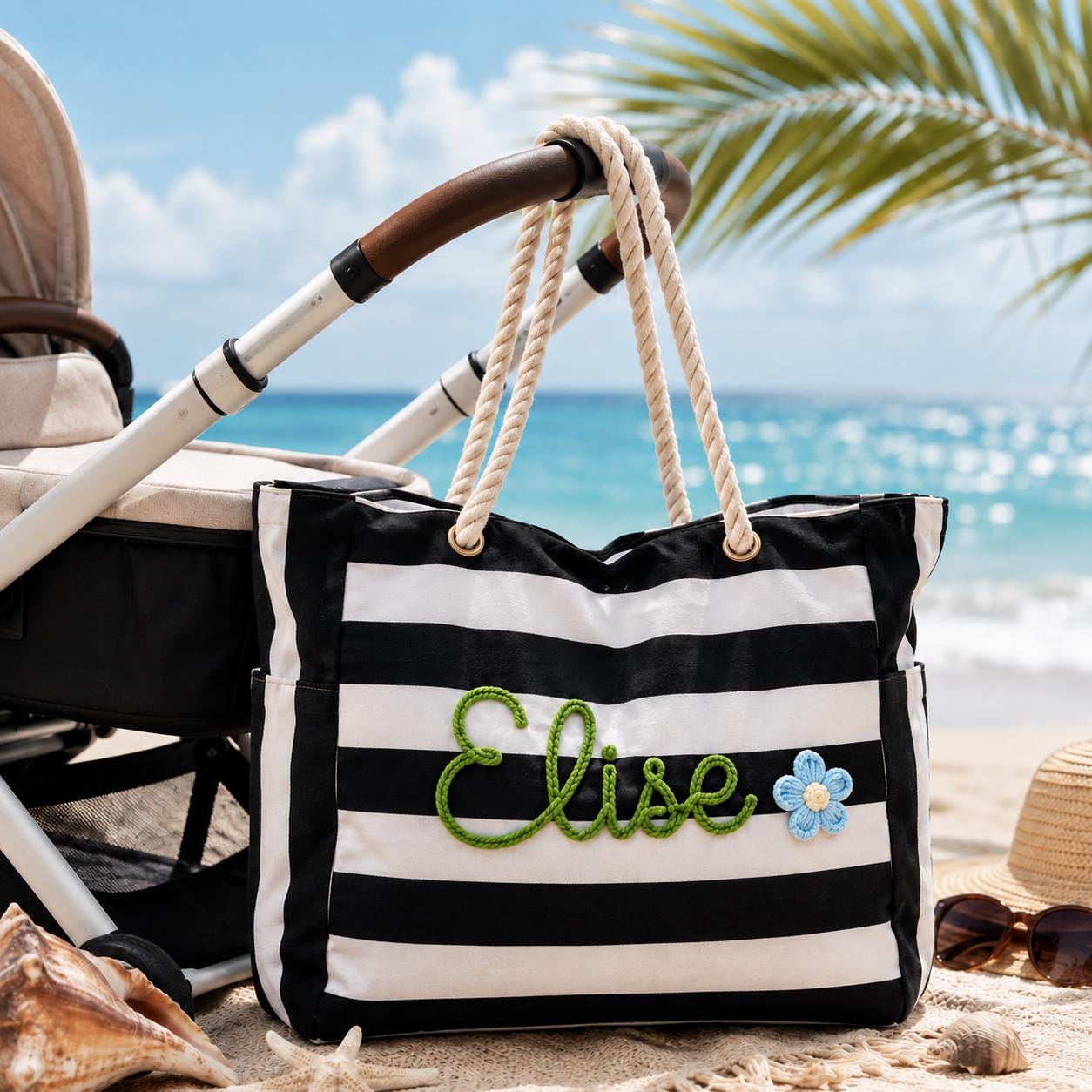 Personalized Beach Bag with Zipper, Custom Chenille Name Tote, 3D Embroidered Beach Tote, Waterproof Striped Pool Bag, Bridesmaid Gift