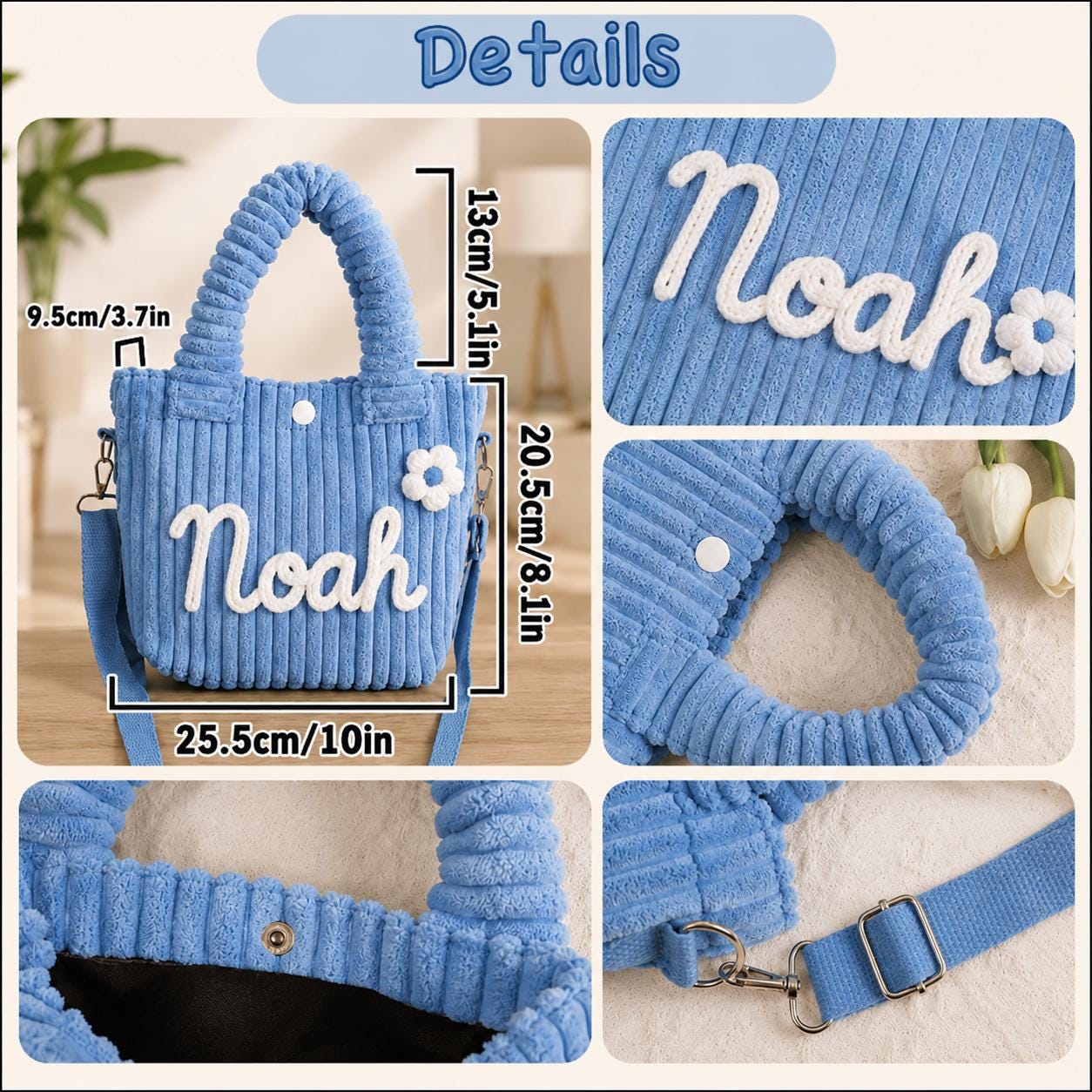Personalized Kids Corduroy Crossbody Bag, Custom Name Embroidered Toddler Purse, Soft Sling Bag with Flower Charm, Preschool Daycare Bag
