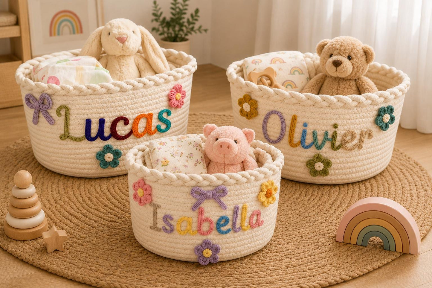 Personalized Woven Cotton Rope Basket, Custom Name & Icon Nursery Organizer, Baby Shower Gift, 3 Sizes