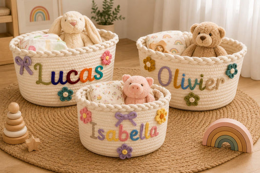 Personalized Woven Cotton Rope Basket, Custom Name & Icon Nursery Organizer, Baby Shower Gift, 3 Sizes