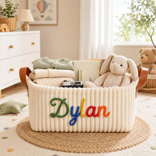 Personalized Embroidery Baby Storage Basket with Name, Custom Nursery Basket, Baby Shower Gift, Newborn Gift Basket with Icon