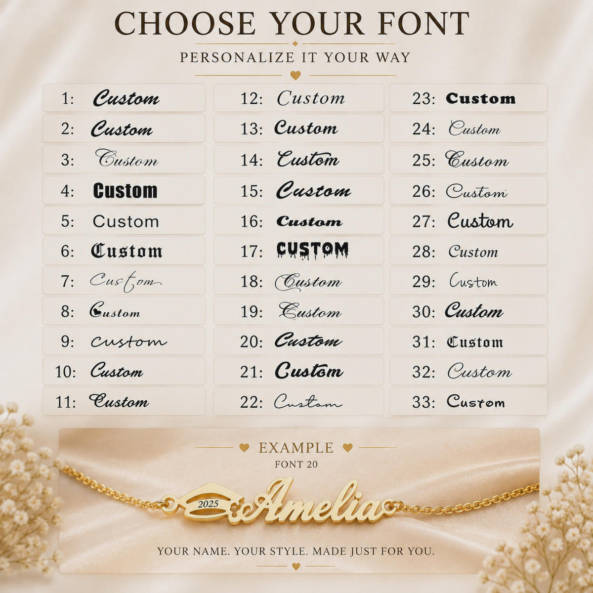 Font chart with 33 font styles for the personalized name bracelet