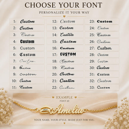 Font chart with 33 font styles for the personalized name bracelet
