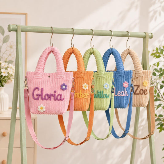 Personalized Kids Corduroy Crossbody Bag, Custom Name Embroidered Toddler Purse, Soft Sling Bag with Flower Charm, Preschool Daycare Bag