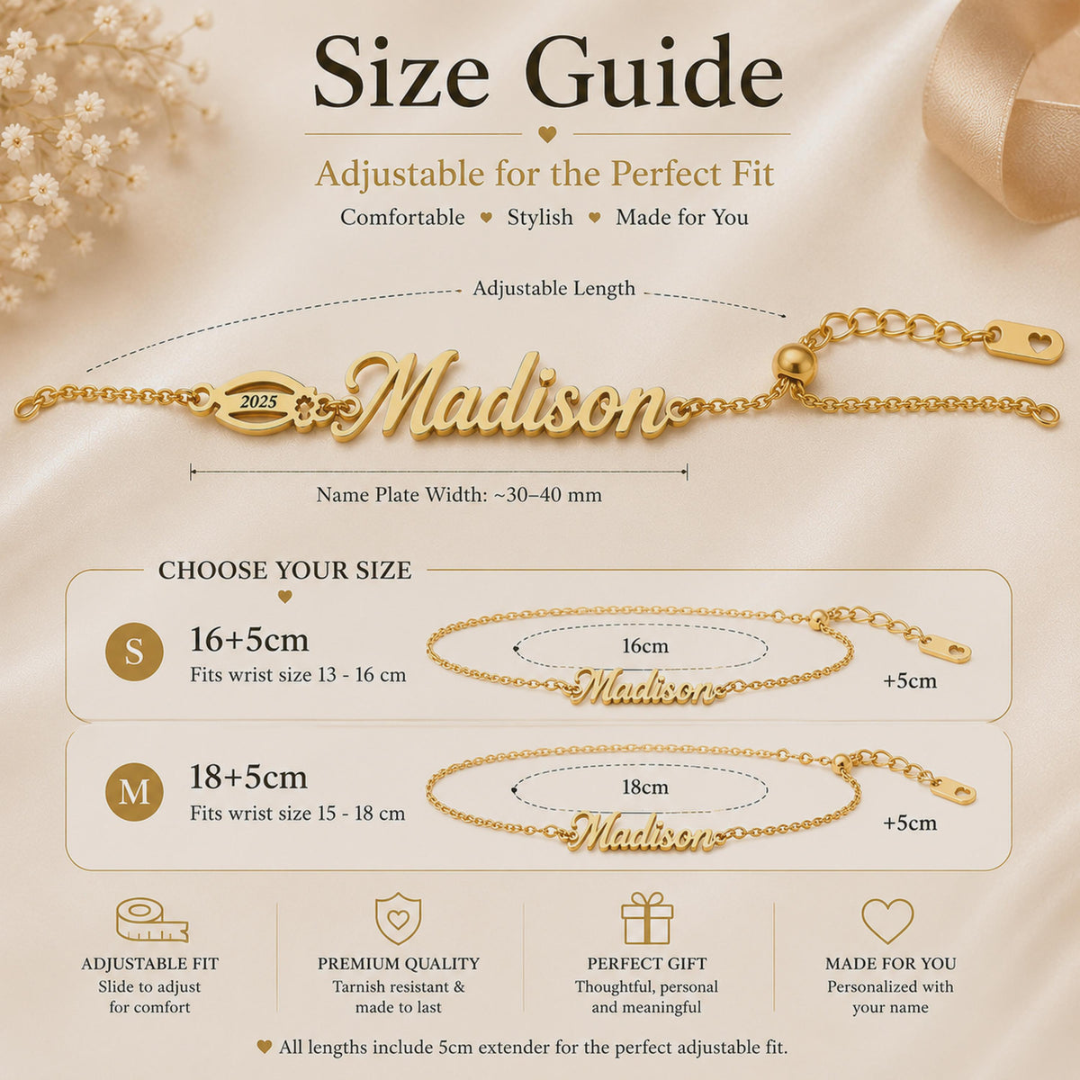 Name bracelet size guide: 16 cm or 18 cm with a 5 cm extender