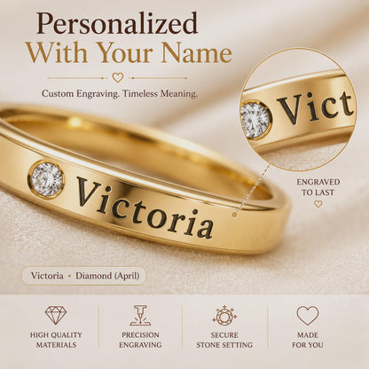 Close-up of the engraved name Victoria and a clear April stone on a gold tone ring
