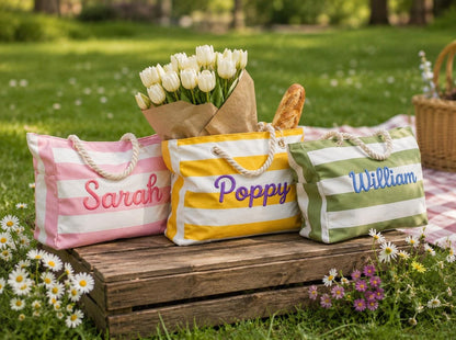 Personalized Chenille Beach Bag with Name – close-up of embroidered personalized name