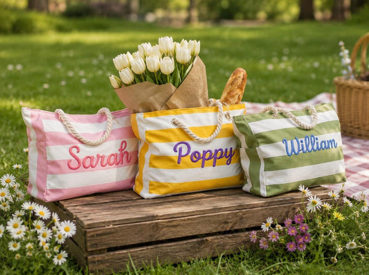 Personalized Beach Bag with Zipper, Custom Chenille Name Tote, 3D Embroidered Beach Tote, Waterproof Striped Pool Bag, Bridesmaid Gift