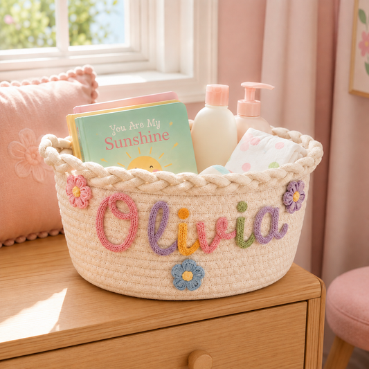 Personalized baby storage basket with colorful embroidered name Olivia, floral details, baby books, lotion bottles and diapers in a soft pink nursery.