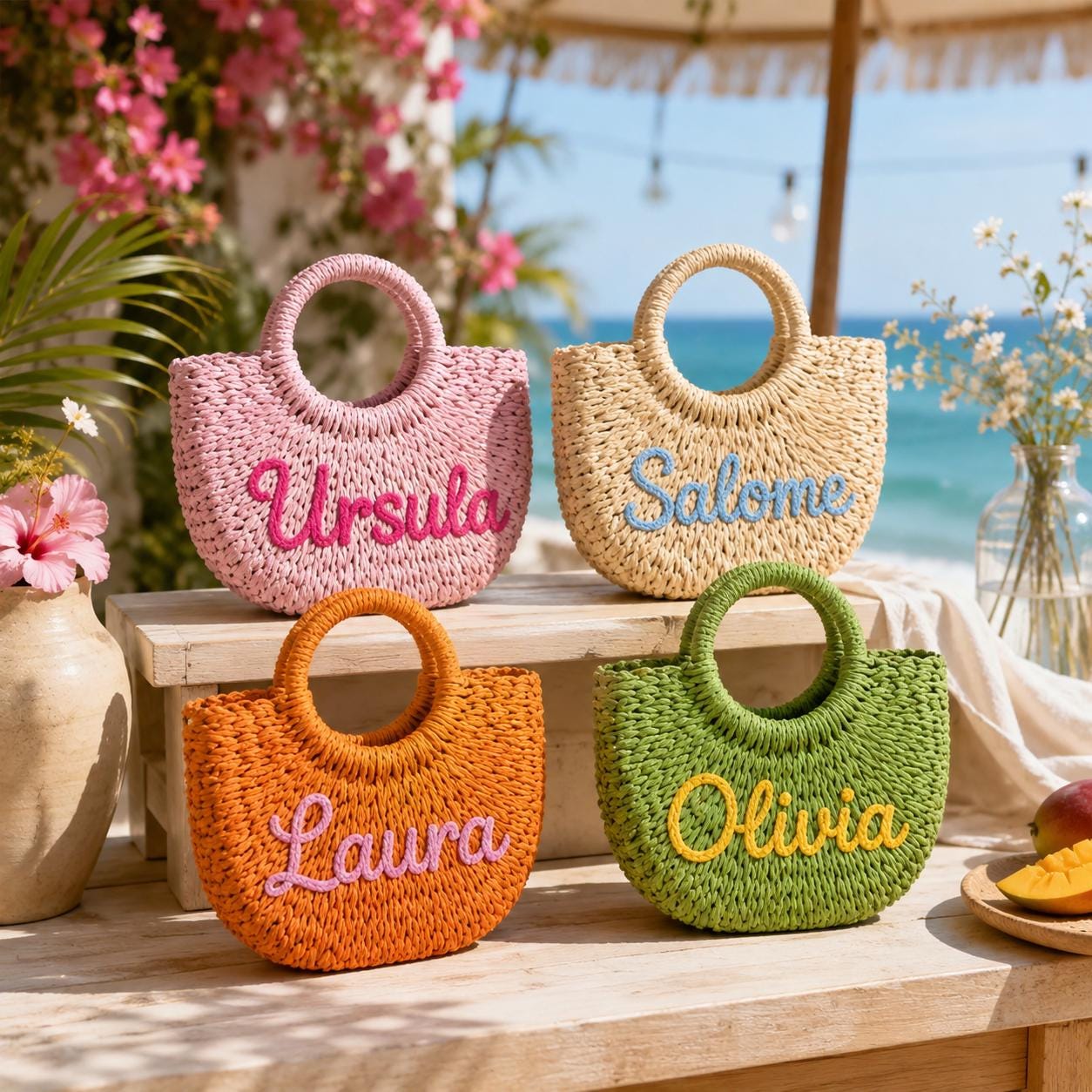 Personalized Straw Bag for Girls, Custom Name Kids Handbag, Woven Seagrass Purse, Gift for Little Girls