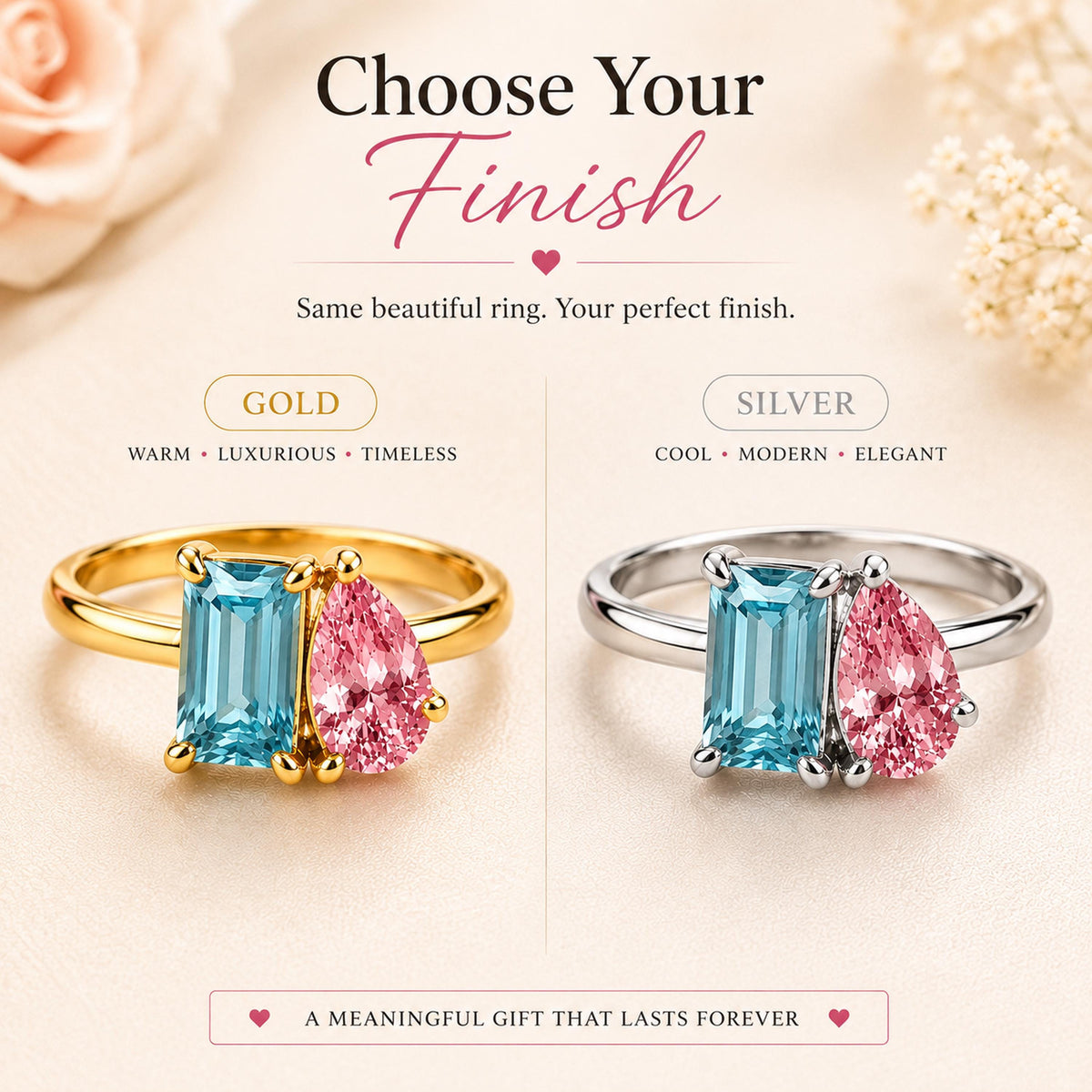 Two birthstone ring in gold tone or silver tone with aqua and pink stones