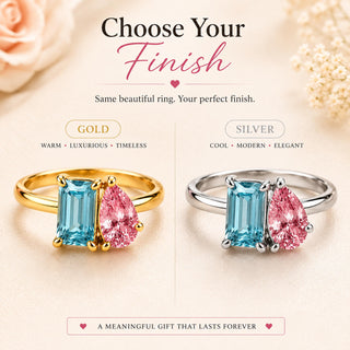 Two birthstone ring in gold tone or silver tone with aqua and pink stones