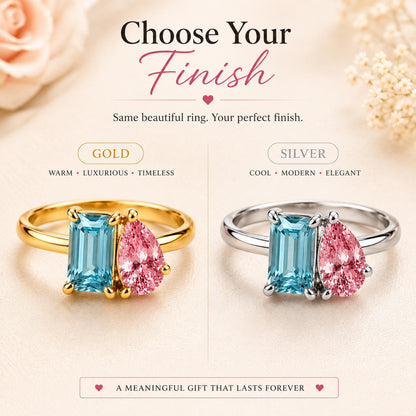 Two birthstone ring in gold tone or silver tone with aqua and pink stones