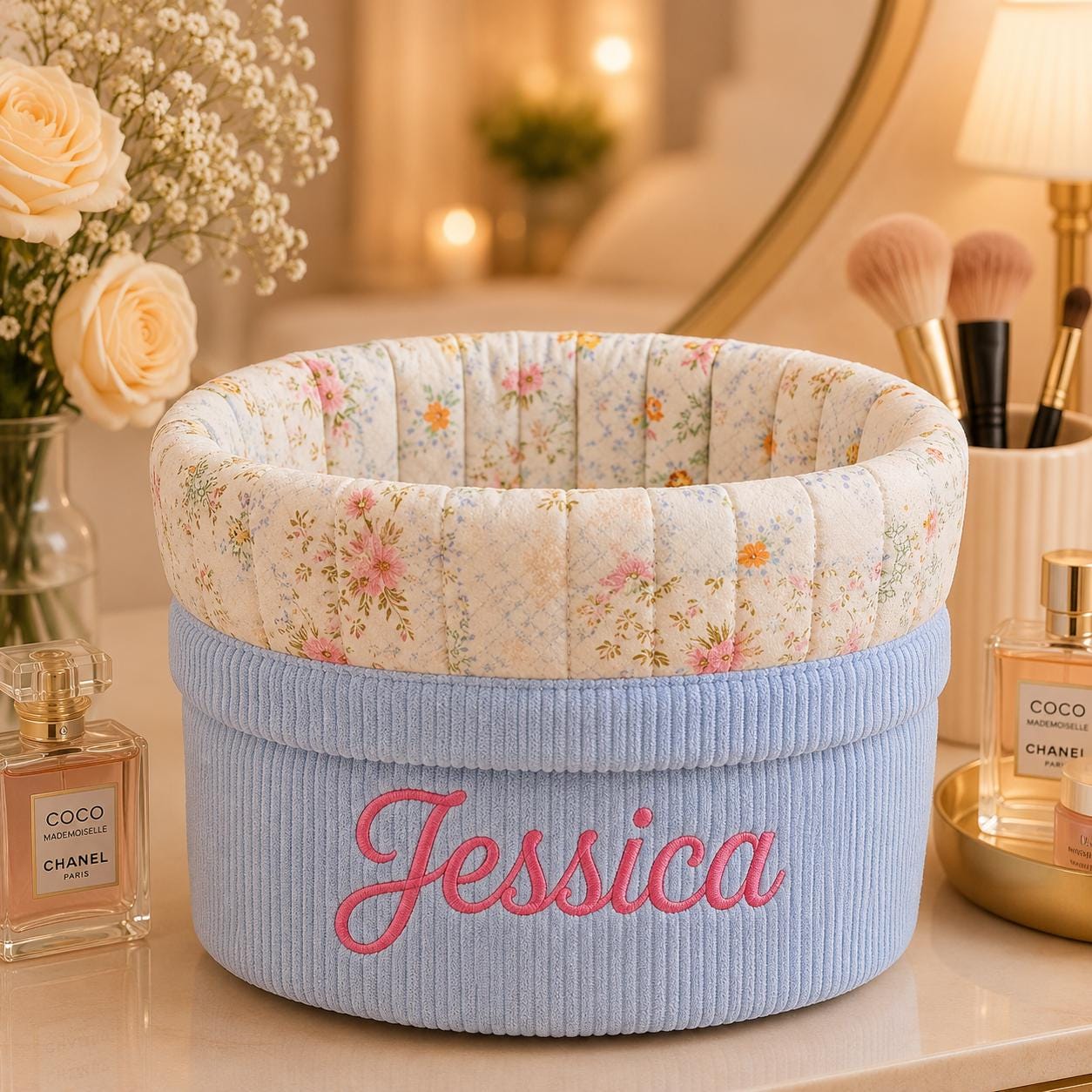 Personalized Corduroy Makeup Bag, Custom Name Cosmetic Organizer, Embroidered Beauty Storage, Floral Makeup Pouch, Gift for Her