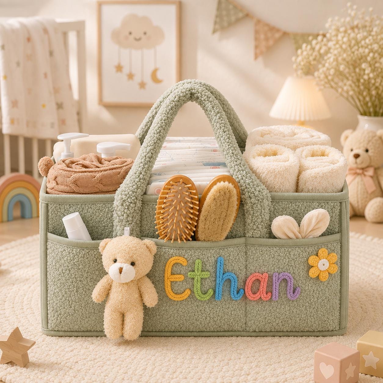 Personalized Baby Storage Basket, Custom Name Diaper Caddy, Plush Nursery Organizer with Bear, Newborn Gift Basket for Baby Boy or Girl