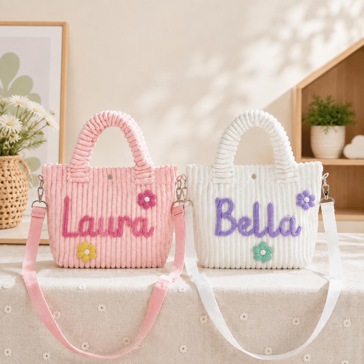 Personalized Kids Corduroy Crossbody Bag, Custom Name Embroidered Toddler Purse, Soft Sling Bag with Flower Charm, Preschool Daycare Bag