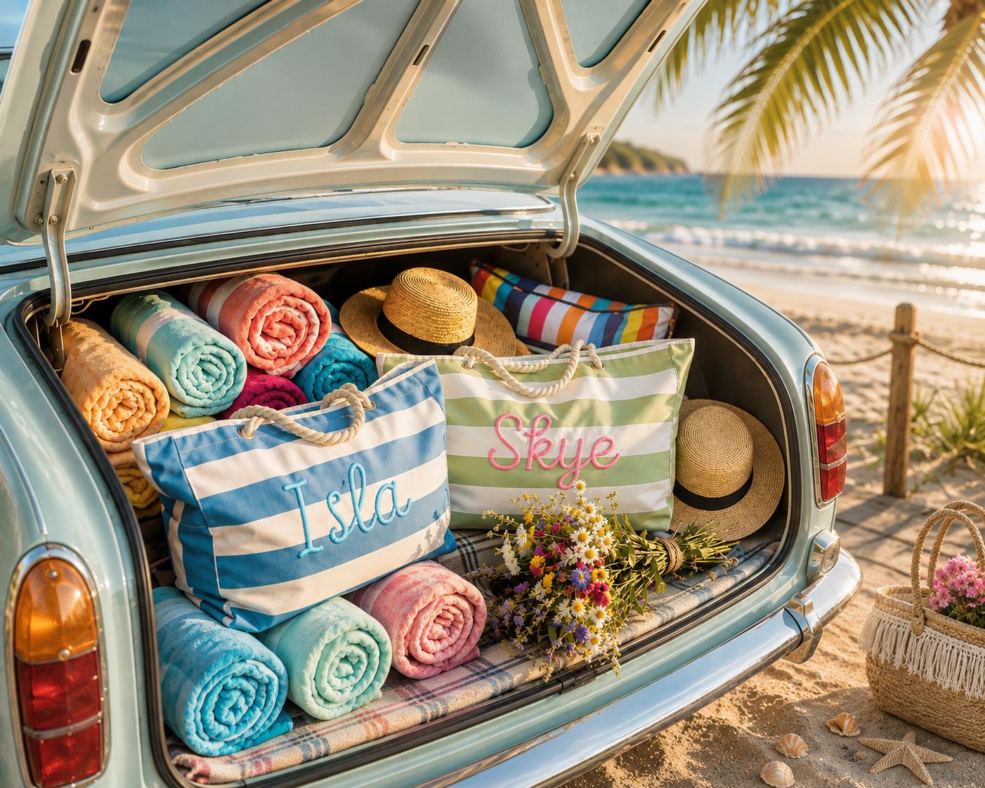 Personalized Beach Bag with Zipper, Custom Chenille Name Tote, 3D Embroidered Beach Tote, Waterproof Striped Pool Bag, Bridesmaid Gift