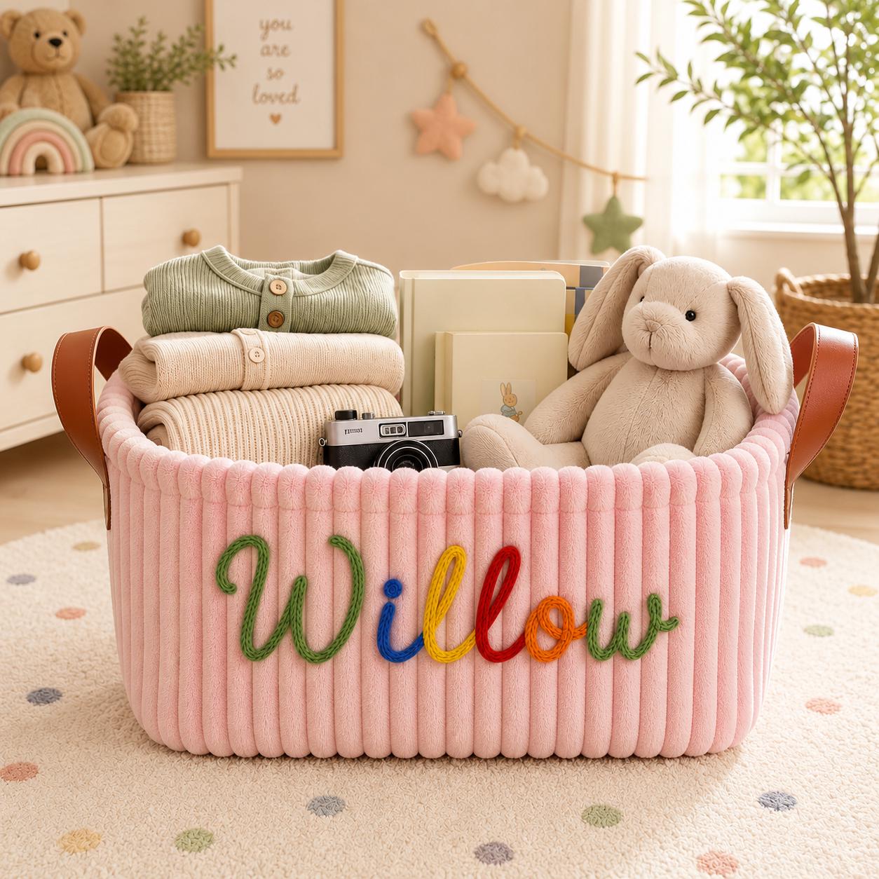 Personalized Embroidery Baby Storage Basket with Name, Custom Nursery Basket, Baby Shower Gift, Newborn Gift Basket with Icon