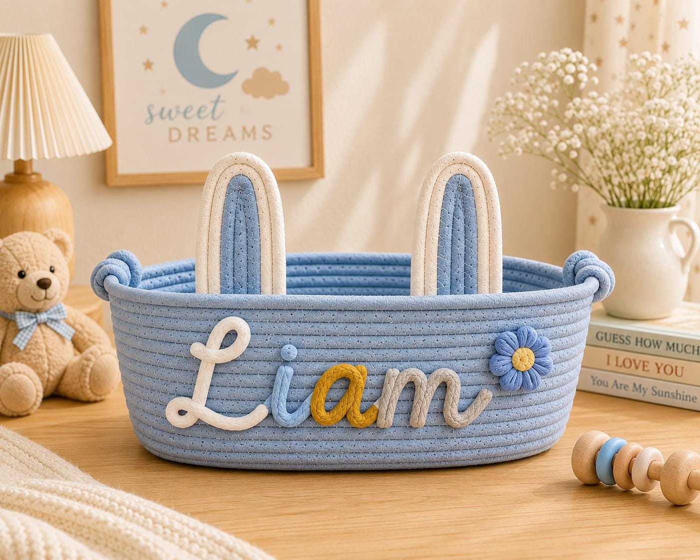 Personalized Bunny Ear Cotton Rope Basket, Custom Name Easter Basket, Nursery Storage Keepsake, Baby's First Easter Decor, Handmade Gift