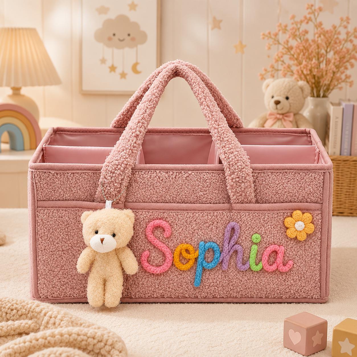 Personalized Baby Storage Basket, Custom Name Diaper Caddy, Plush Nursery Organizer with Bear, Newborn Gift Basket for Baby Boy or Girl