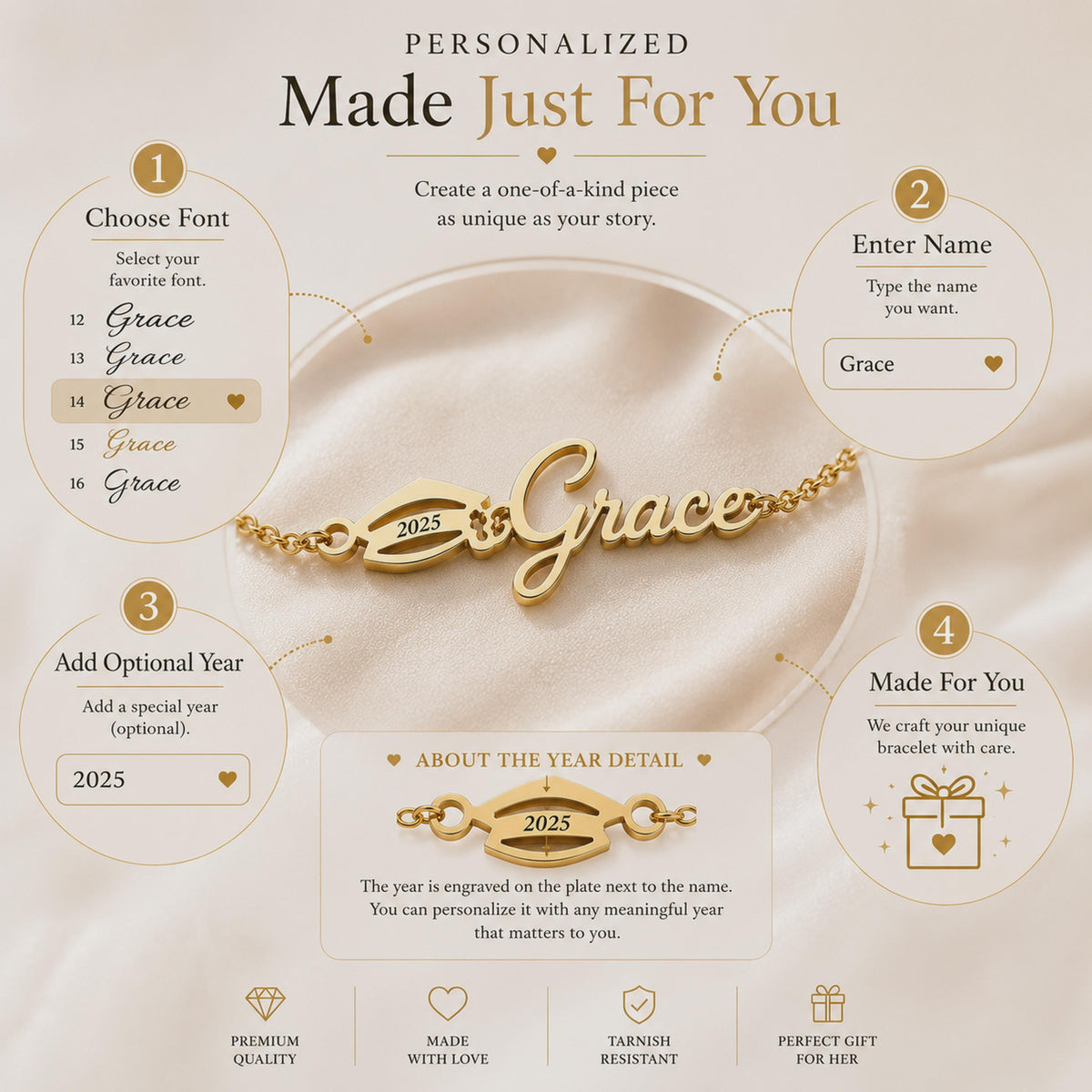 How to personalize the name bracelet: choose a font, enter the name and add a year