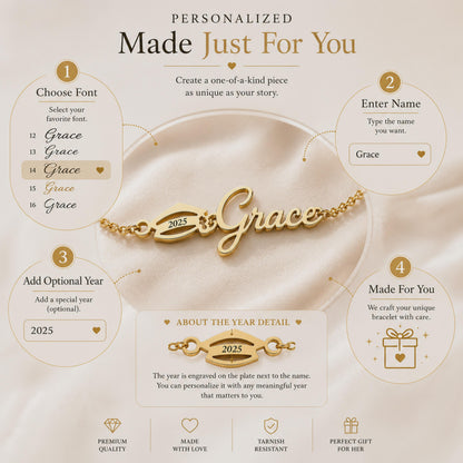 How to personalize the name bracelet: choose a font, enter the name and add a year