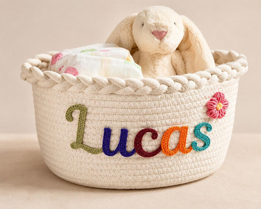 Personalized Woven Cotton Rope Basket, Custom Name & Icon Nursery Organizer, Baby Shower Gift, 3 Sizes