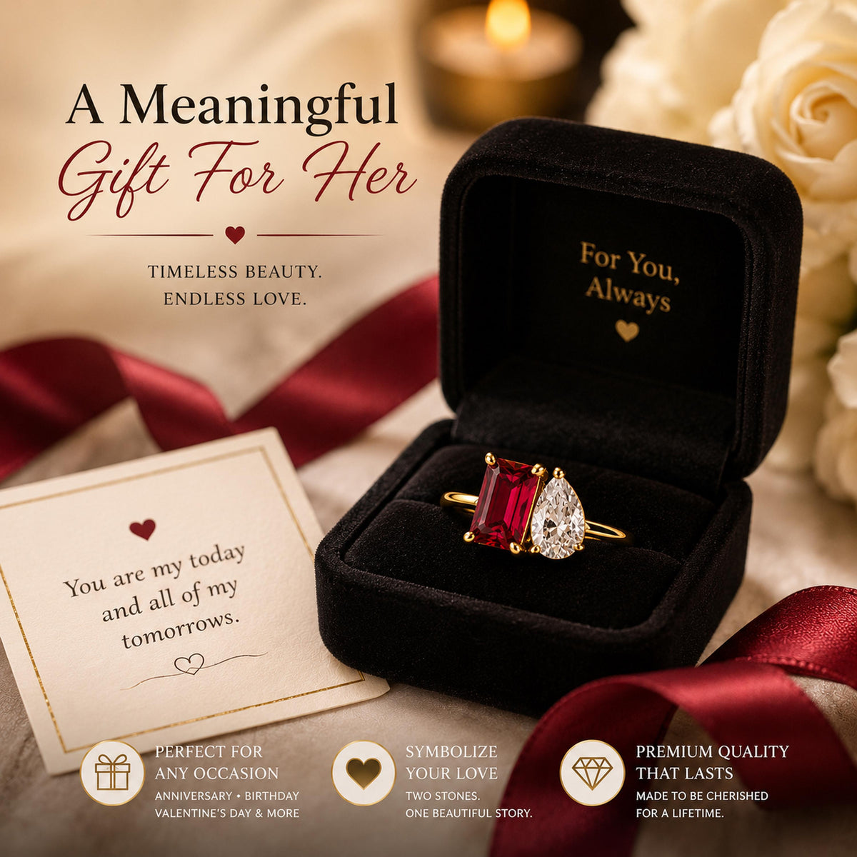 Gold tone two stone ring with red and clear stones