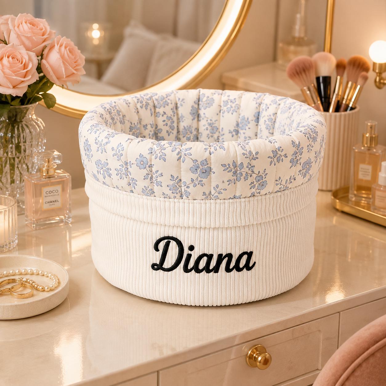Personalized Corduroy Makeup Bag, Custom Name Cosmetic Organizer, Embroidered Beauty Storage, Floral Makeup Pouch, Gift for Her