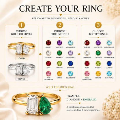 Create your ring: choose gold or silver tone and two birthstone colors