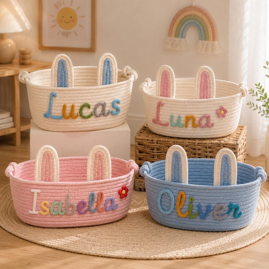 Personalized Bunny Ear Cotton Rope Basket, Custom Name Easter Basket, Nursery Storage Keepsake, Baby's First Easter Decor, Handmade Gift