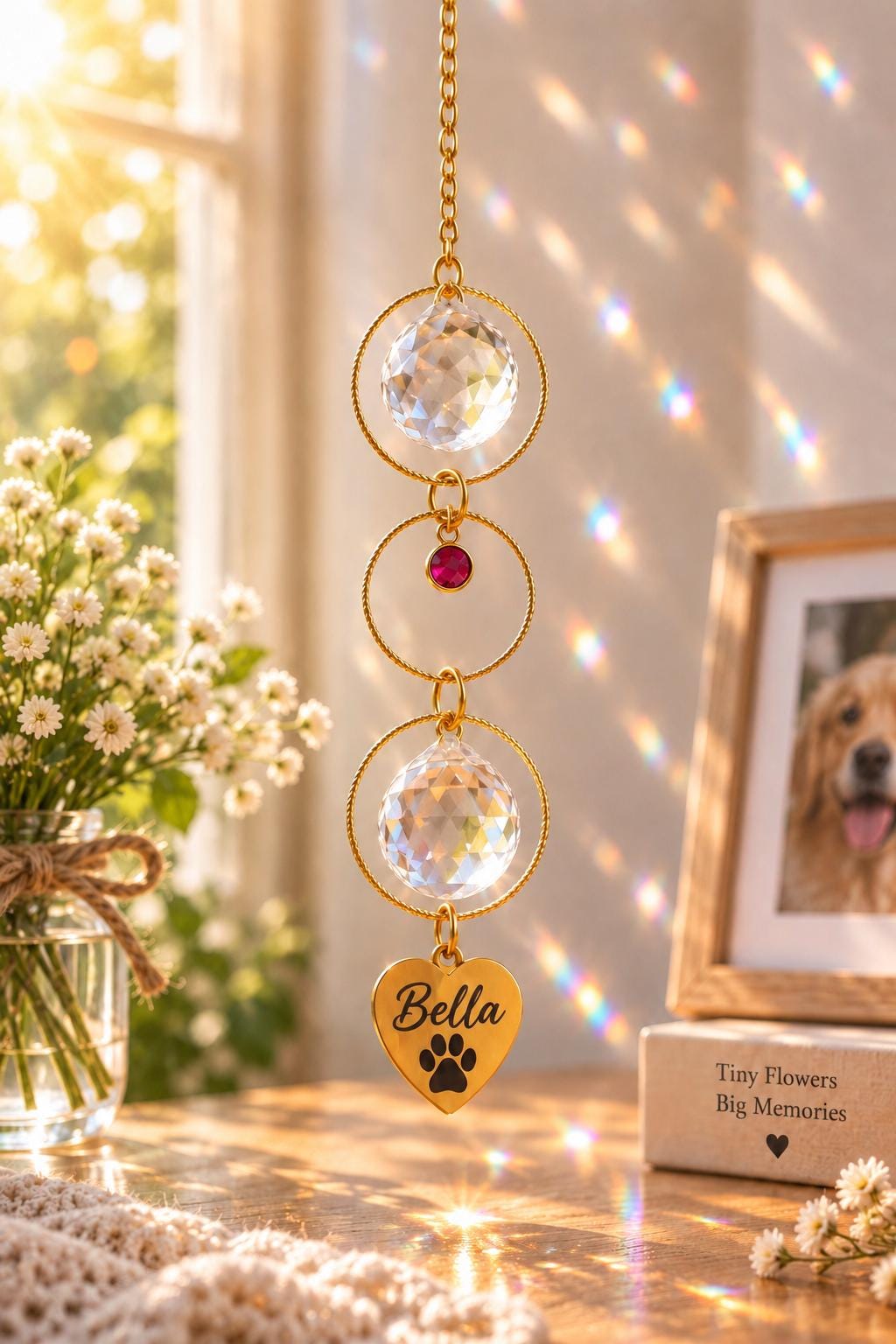 Personalized pet memorial suncatcher with round name tag and birthstone