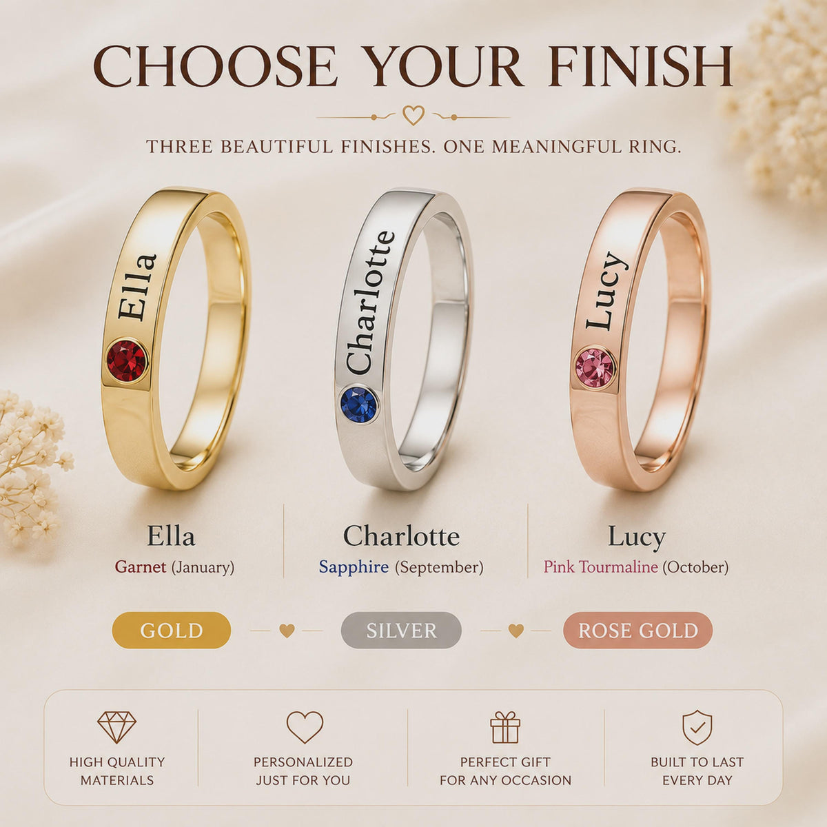 Birthstone name rings engraved Ella, Charlotte and Lucy in gold, silver and rose gold tone