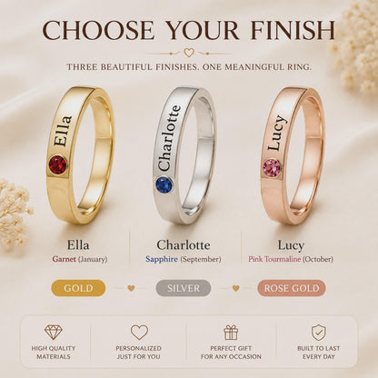 Birthstone name rings engraved Ella, Charlotte and Lucy in gold, silver and rose gold tone