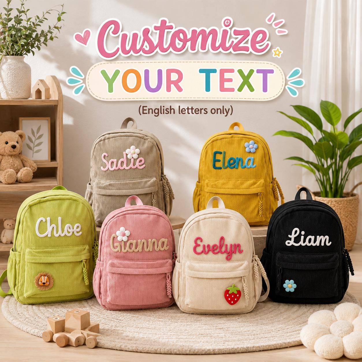 Personalized Corduroy Kids Backpack, Custom Name Toddler Bag, Embroidered Preschool Backpack, Kindergarten School Gift for Girls Boys