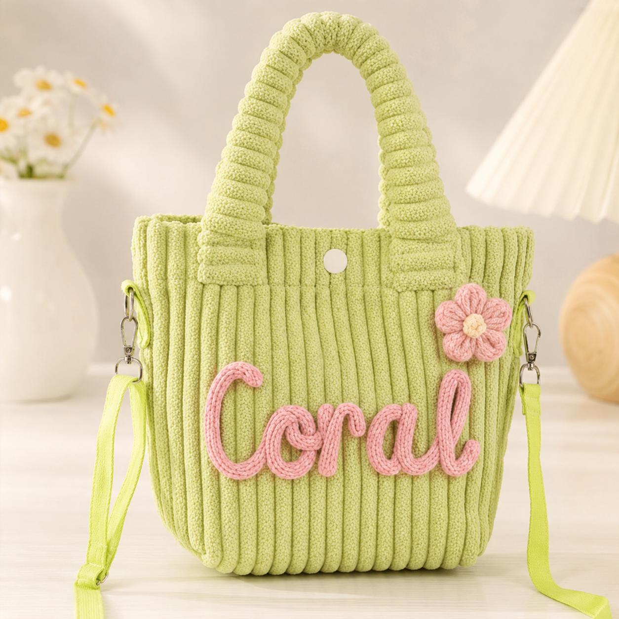 Personalized Kids Corduroy Crossbody Bag, Custom Name Embroidered Toddler Purse, Soft Sling Bag with Flower Charm, Preschool Daycare Bag