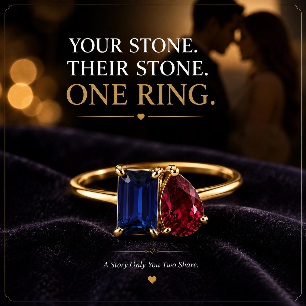 Personalized two birthstone toi et moi ring with a blue rectangle stone and a red pear stone