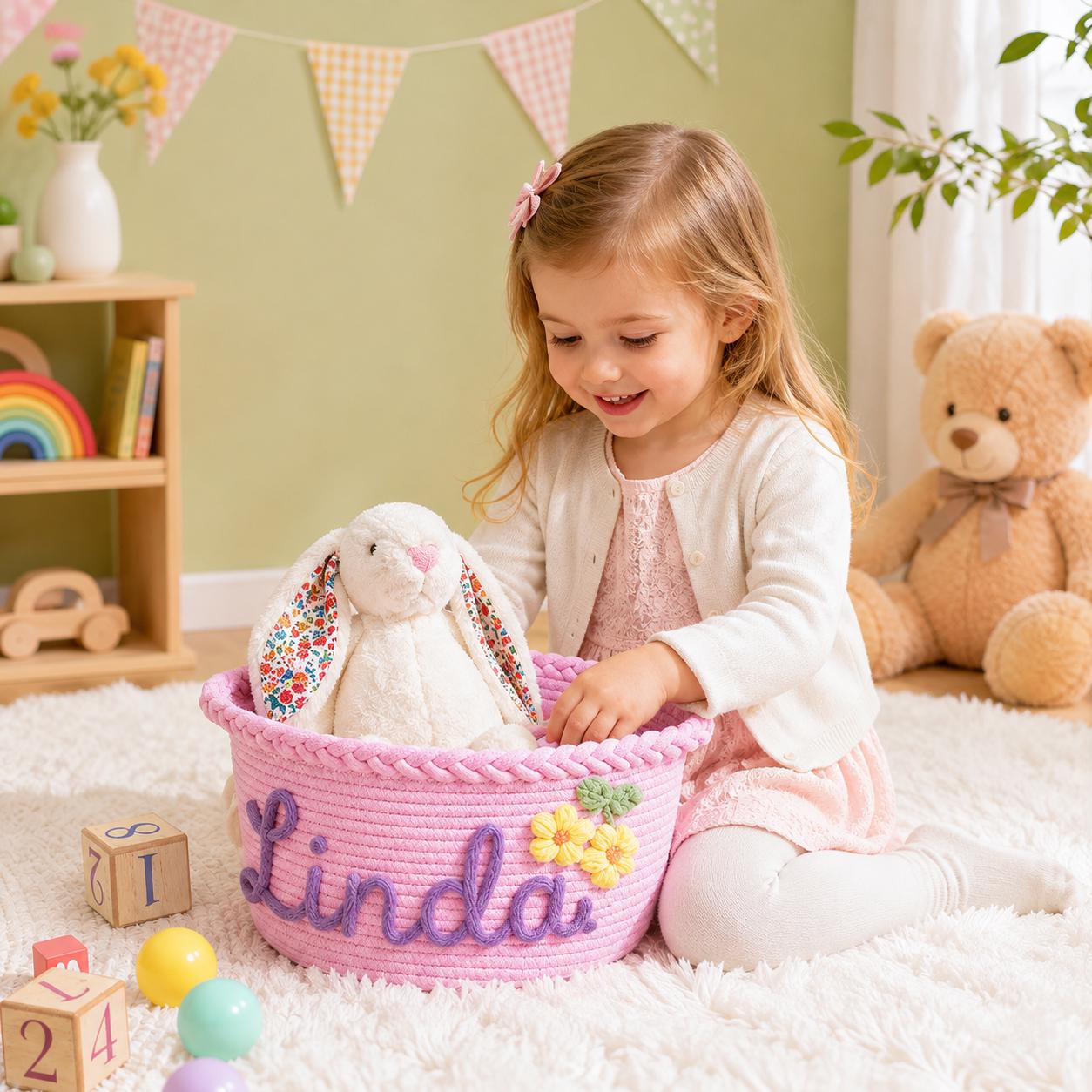 Personalized Cotton Rope Baby Basket, Custom Name Woven Storage Basket, Nursery Organizer, Baby Shower Gift
