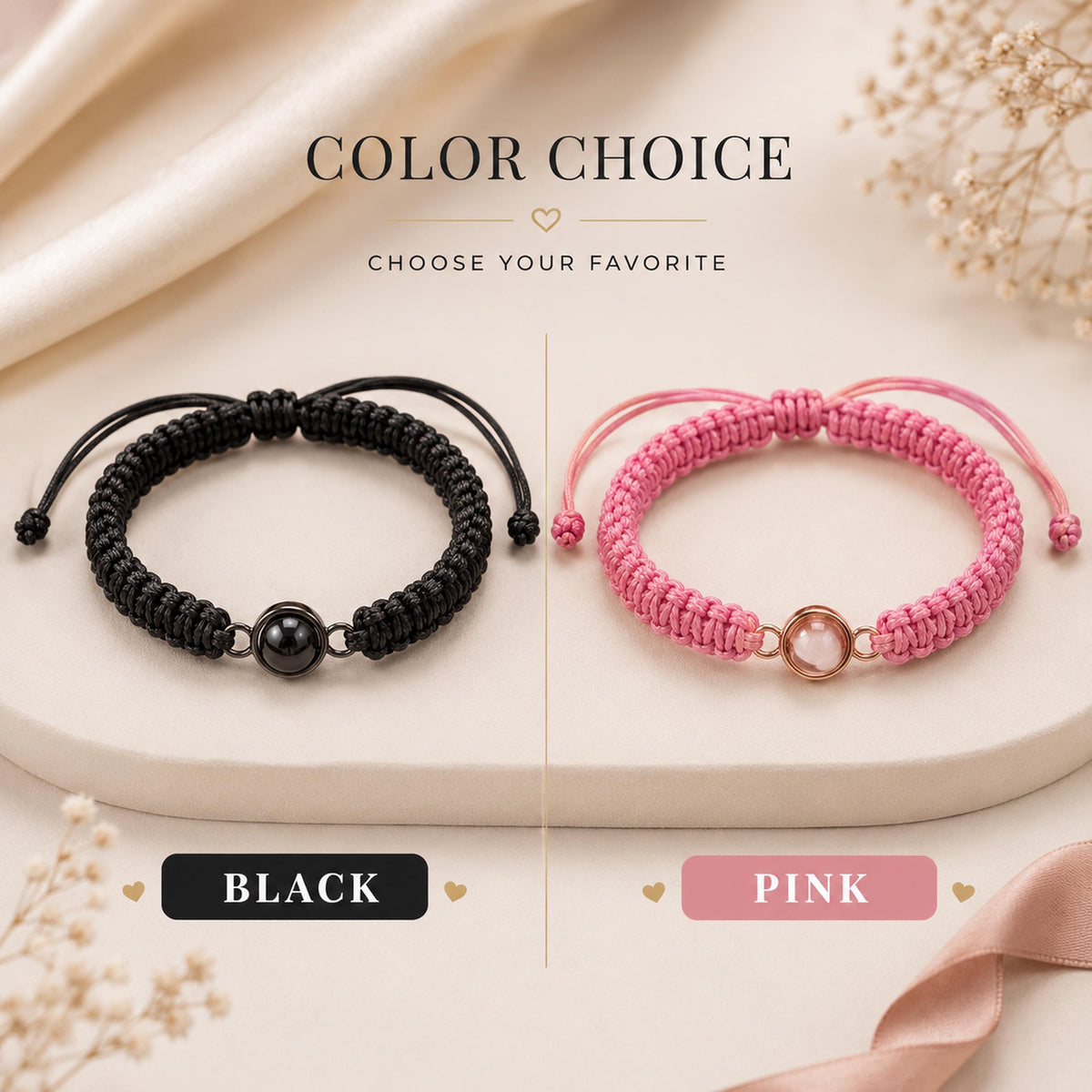 Black and pink photo projection bracelets side by side with color options