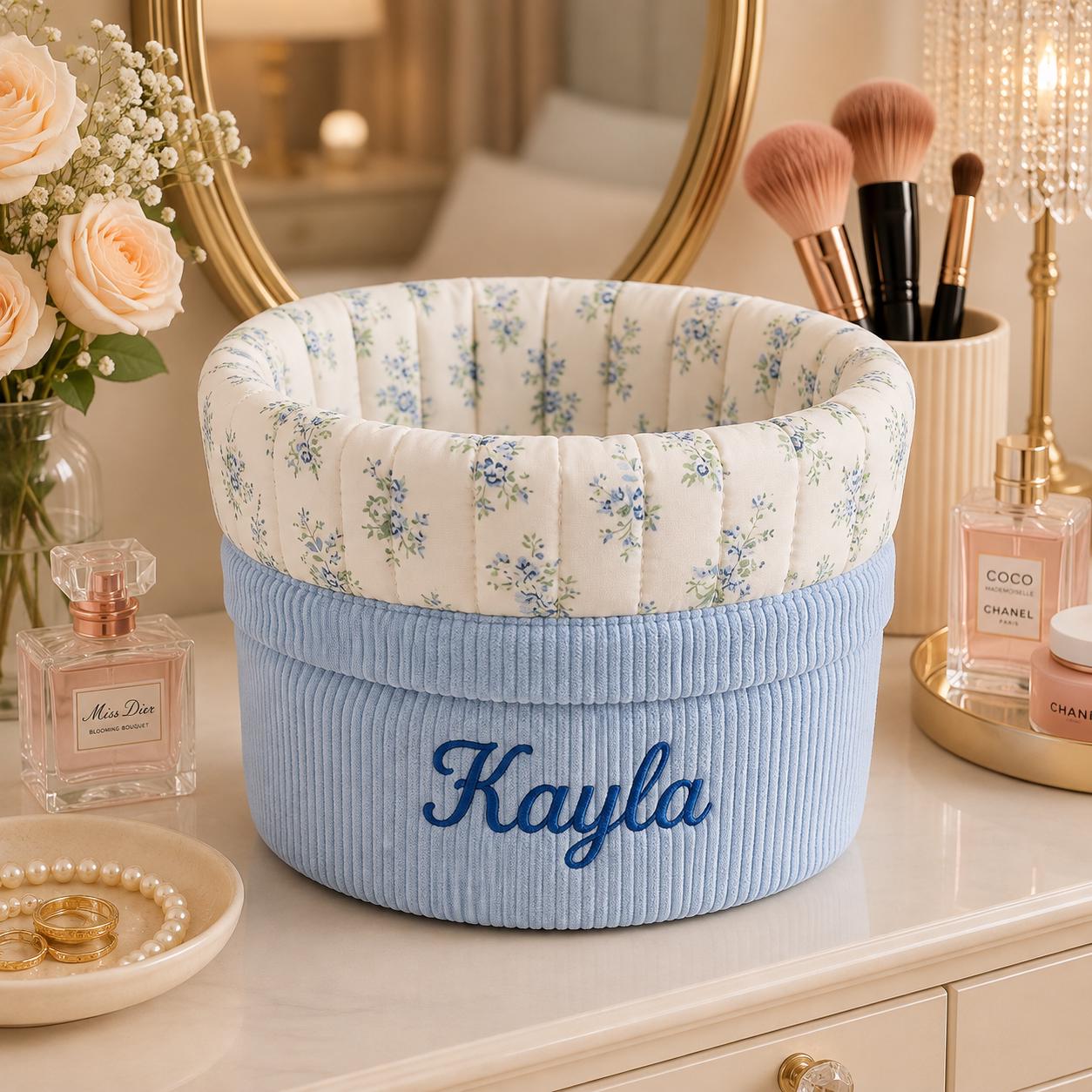 Personalized Corduroy Makeup Bag, Custom Name Cosmetic Organizer, Embroidered Beauty Storage, Floral Makeup Pouch, Gift for Her