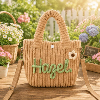 Personalized Kids Corduroy Crossbody Bag – close-up of embroidered personalized name