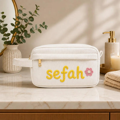 Personalized Corduroy Pencil Case with Name – close-up of embroidered personalized name