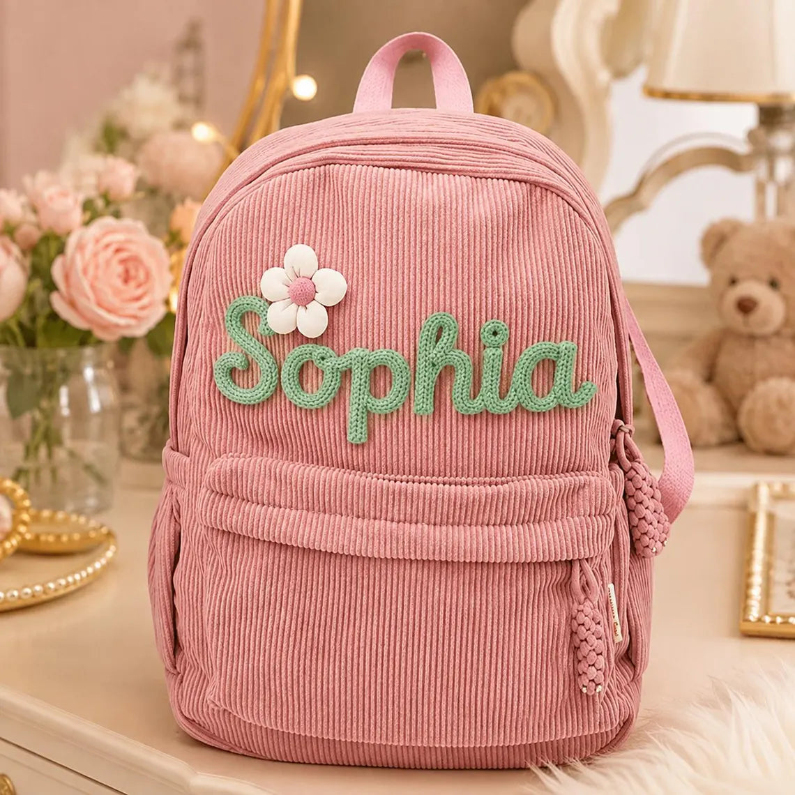 Personalized Corduroy Kids Backpack with Name – close-up of embroidered personalized name
